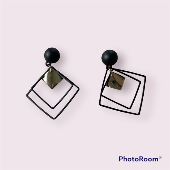 Geometric Abstract Drop Dangle State Earrings Black Gold - Picture 7 of 7